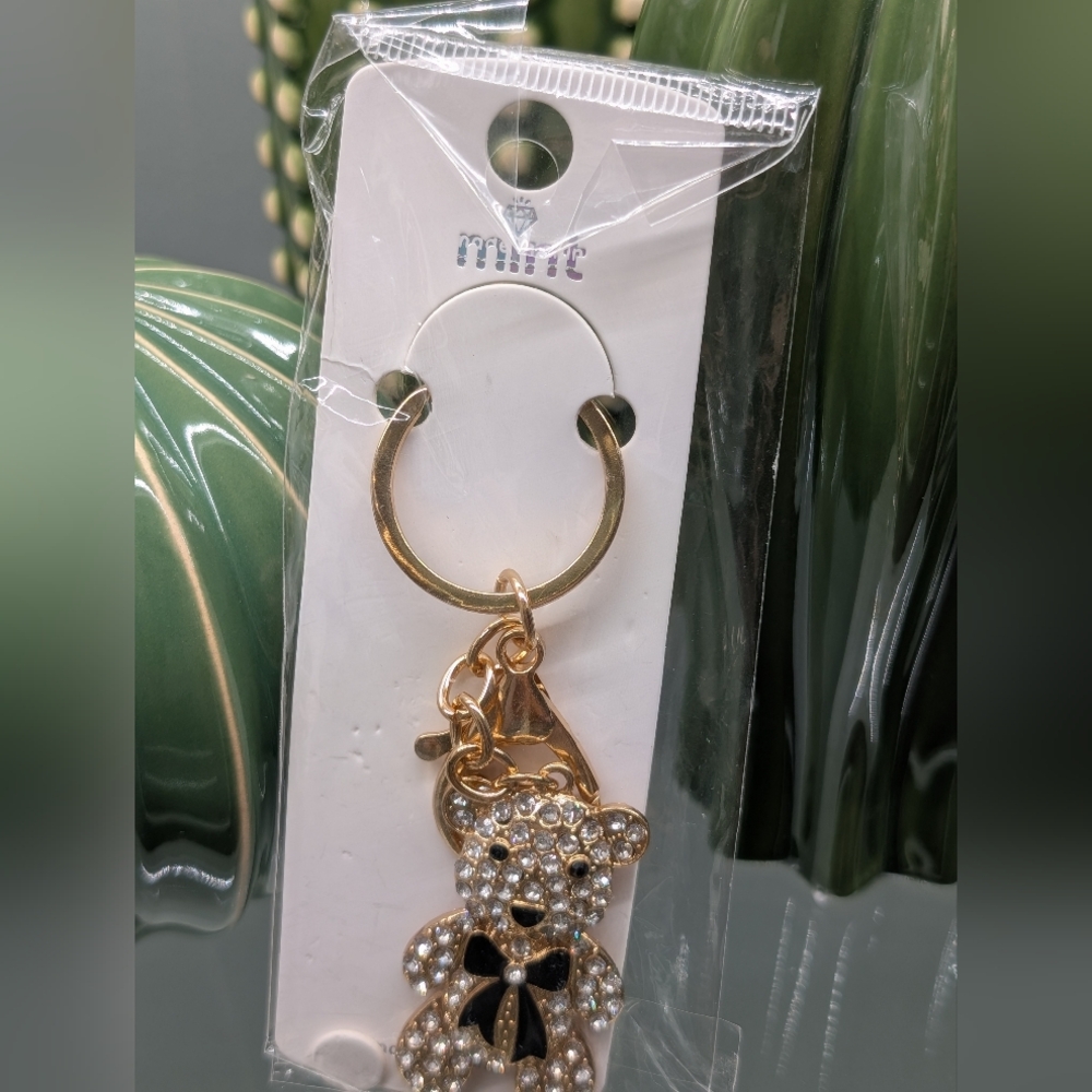 Mint Gold W/Crystals And Black Accents Bear Keychain/Bagcharm